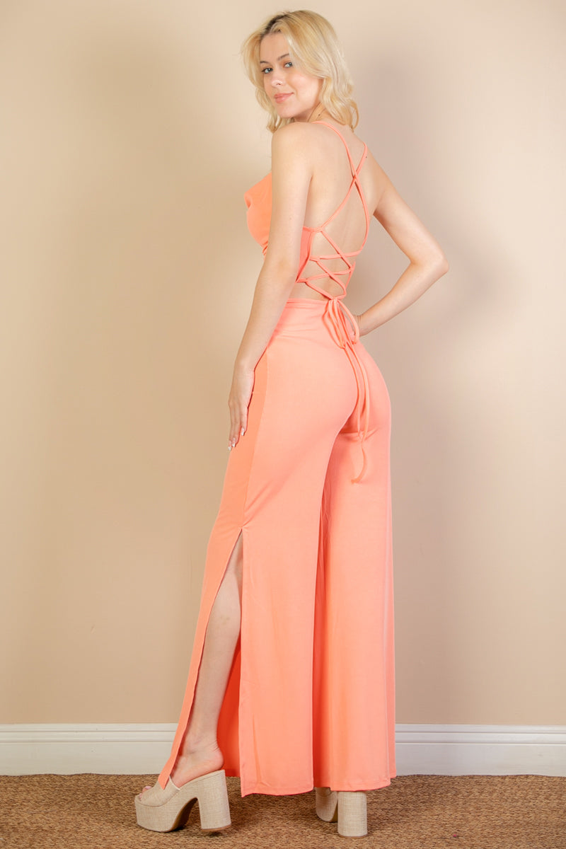 罗纹高领露背开衩阔腿连体裤（CAPELLA）