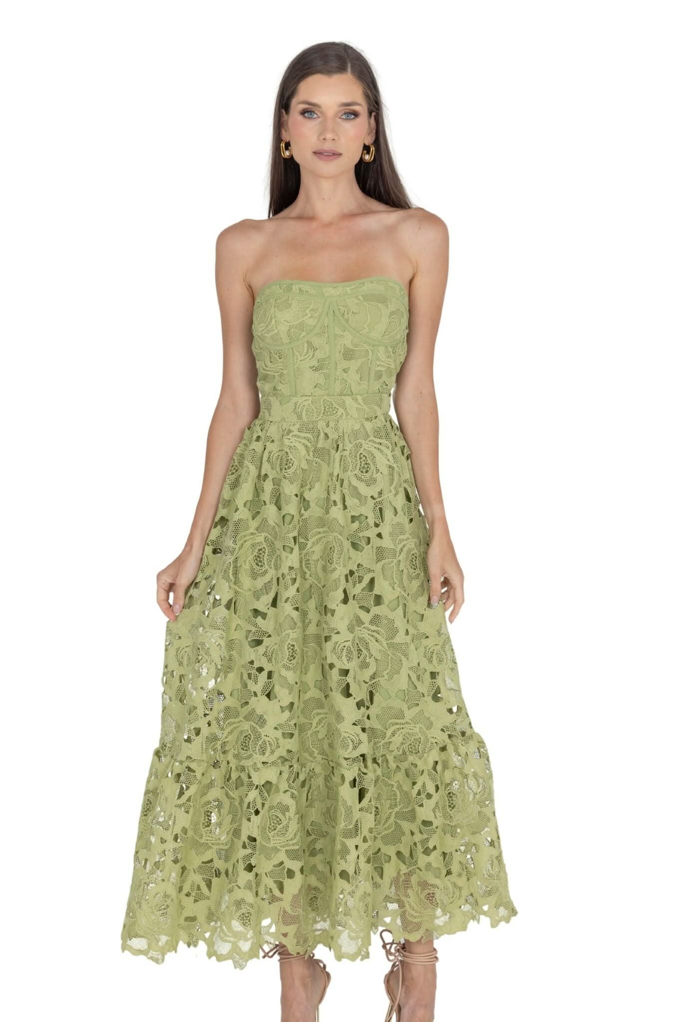 Amelia Lace Bustier Midi Dress Guipure Lace