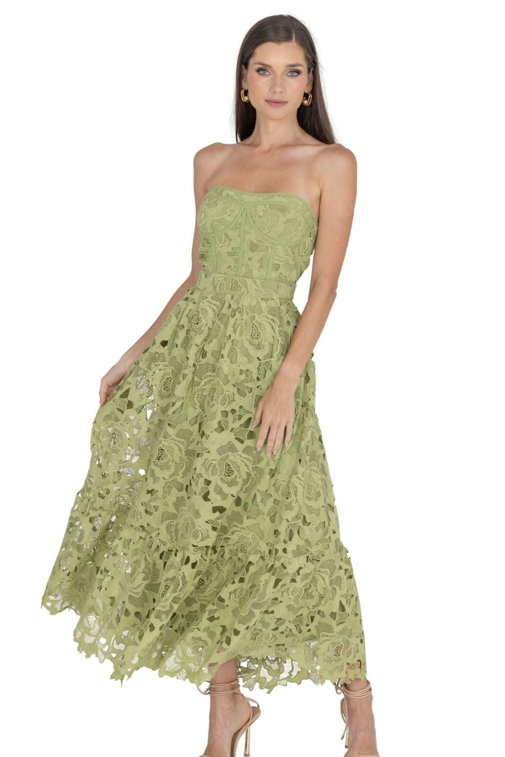 Amelia 蕾丝紧身胸衣中长连衣裙 凸纹蕾丝